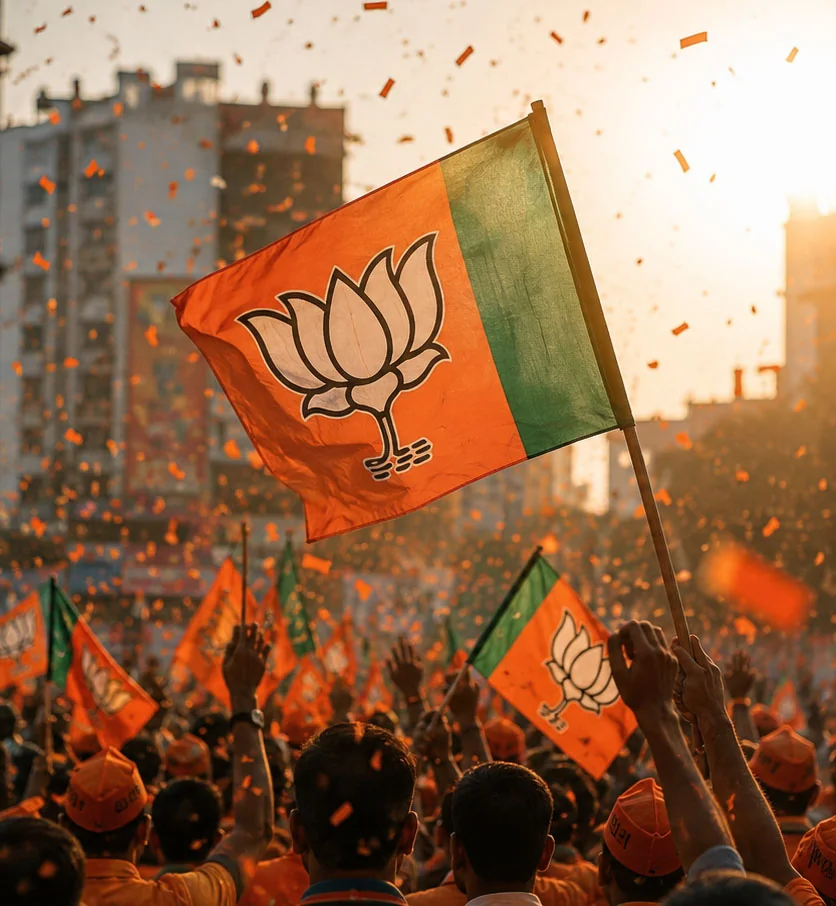Supporters waving party flags at a general election rally in India