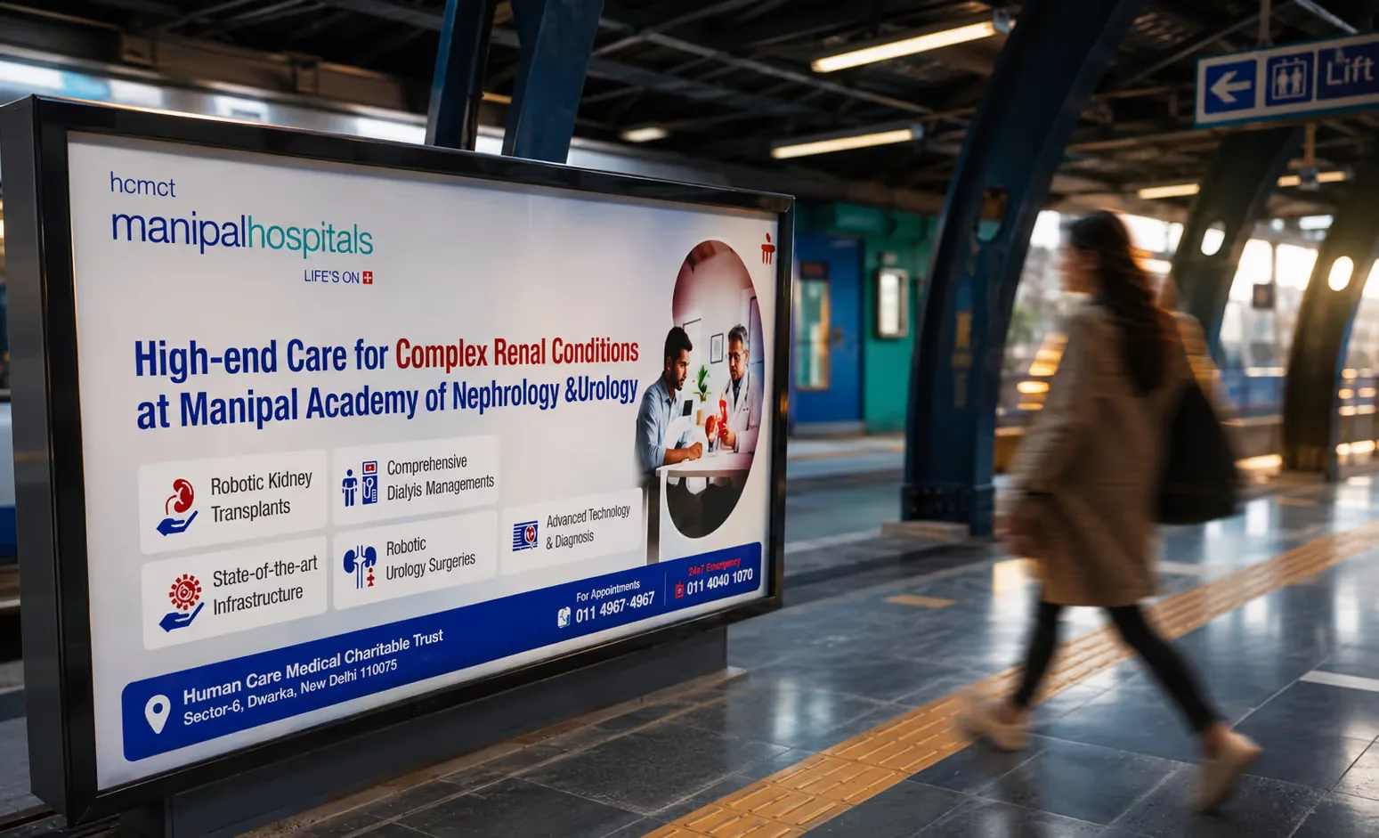 Manipal Hospitals branding on a metro station platform